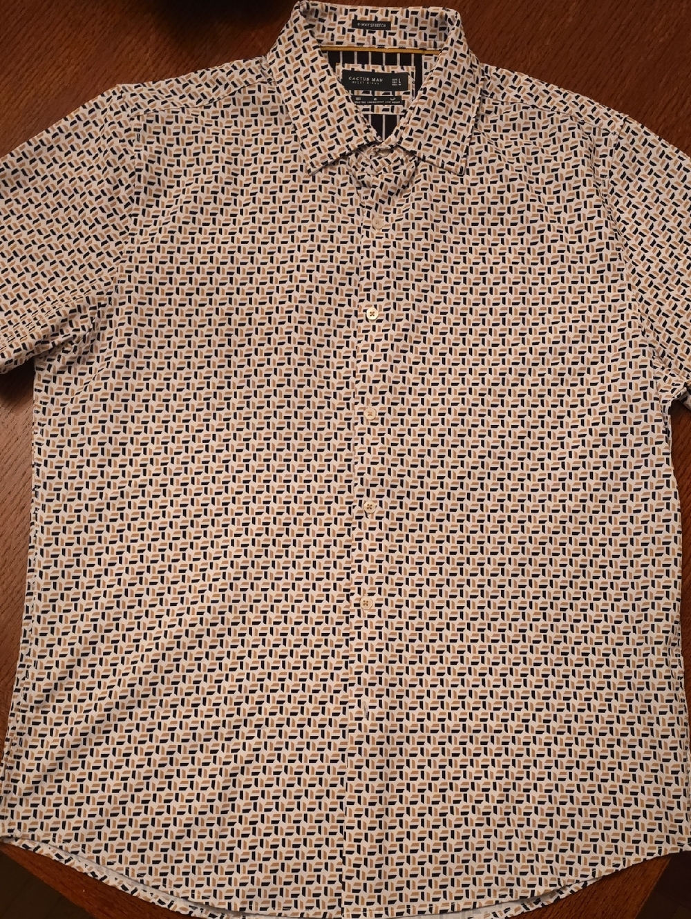 Cactus Man White Short-Sleeve Button-Down Shirt with Navy Geo Print